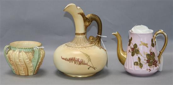 A Royal Worcester blush ivory jug and three-handled vase and a Limoges coffee pot, H 20cm (jug)